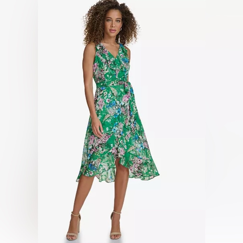KENSIE Floral-Print Ruffled Sleeveless Midi Dress